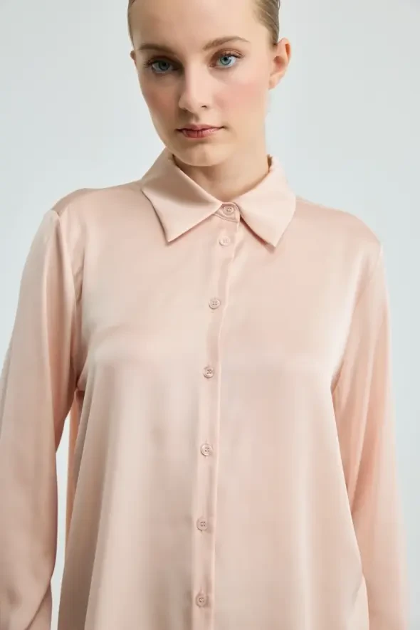 İpeksi Saten Gömlek - Pembe - 3