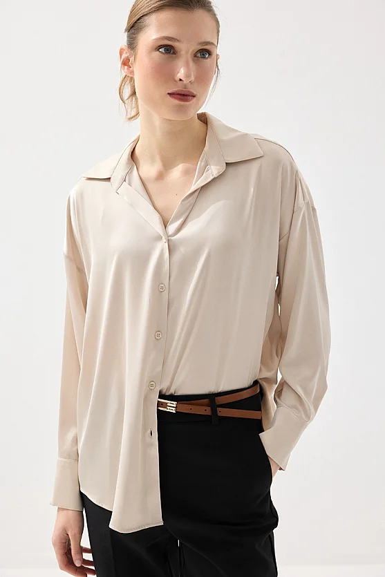 İpeksi Saten Rahat Kesim Gömlek - Bej - Gusto