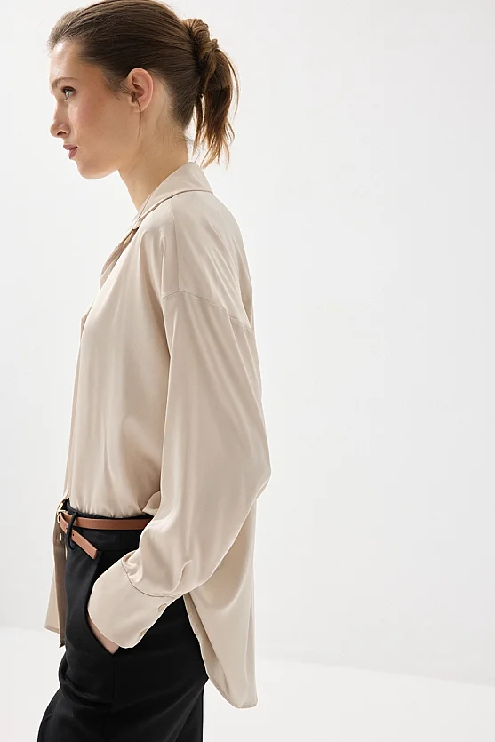 İpeksi Saten Rahat Kesim Gömlek - Bej - 4