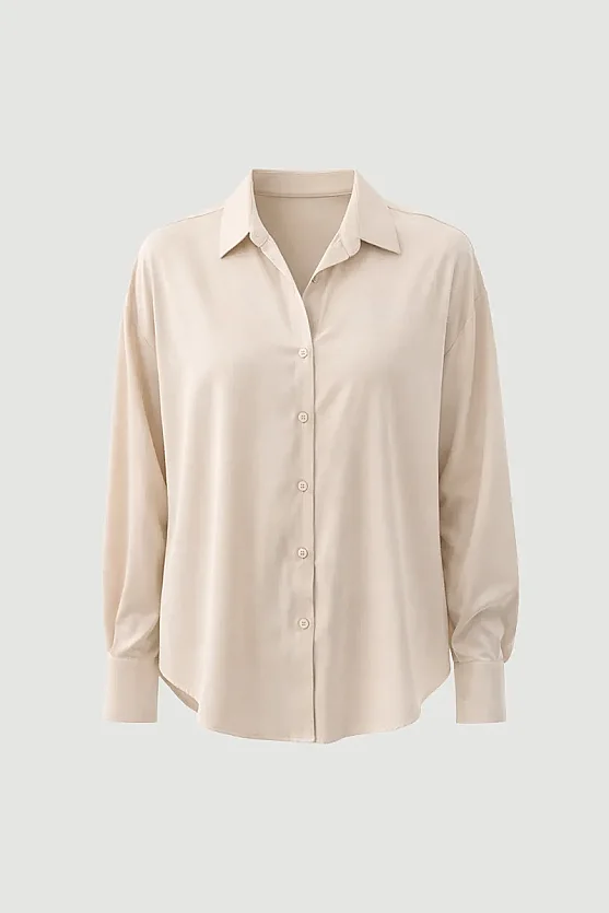 İpeksi Saten Rahat Kesim Gömlek - Bej - Gusto