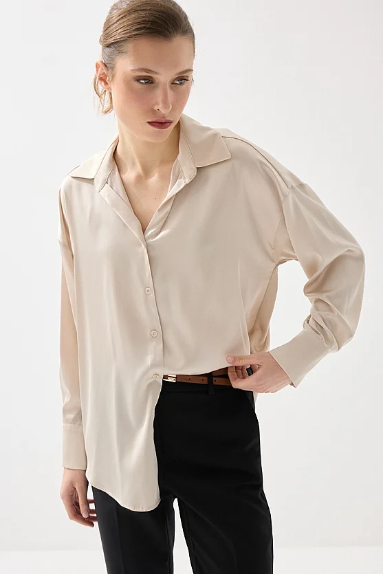 İpeksi Saten Rahat Kesim Gömlek - Bej - Gusto