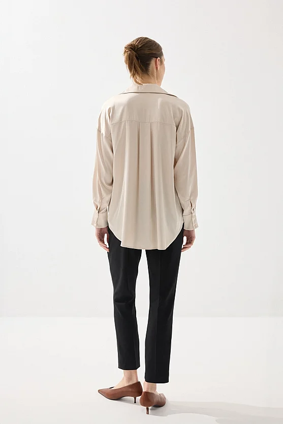 İpeksi Saten Rahat Kesim Gömlek - Bej - Gusto