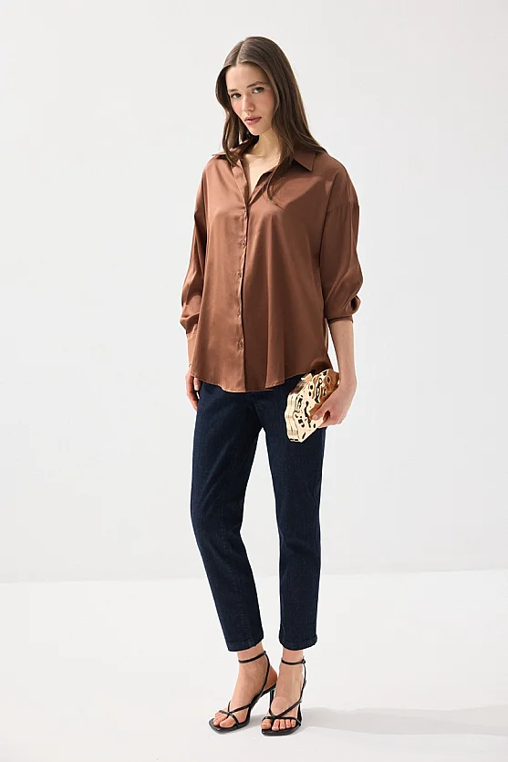 İpeksi Saten Rahat Kesim Gömlek - Kahverengi - 2