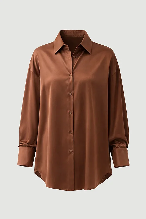 İpeksi Saten Rahat Kesim Gömlek - Kahverengi - Gusto