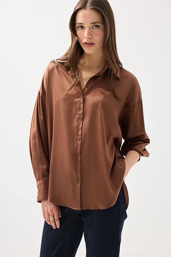 İpeksi Saten Rahat Kesim Gömlek - Kahverengi - Gusto