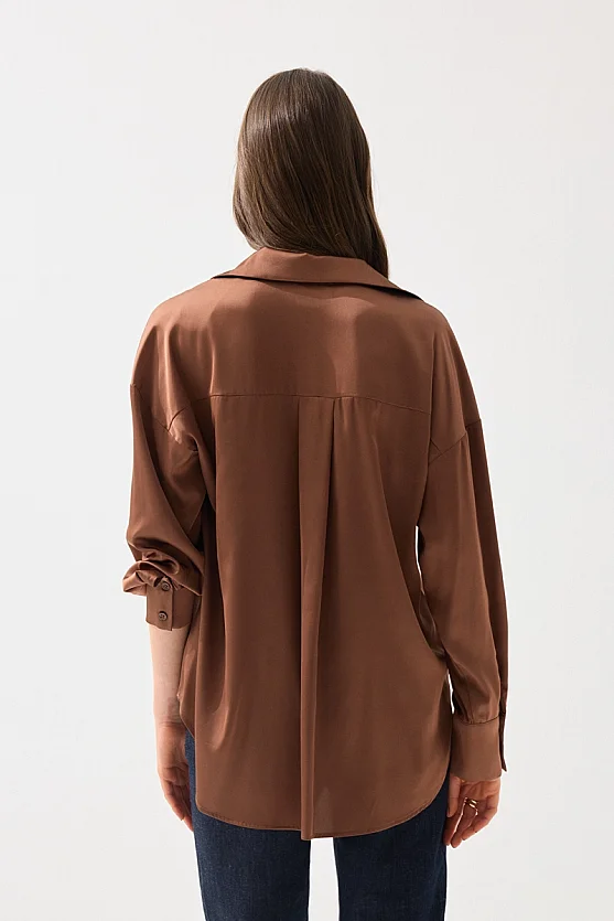 İpeksi Saten Rahat Kesim Gömlek - Kahverengi - Gusto