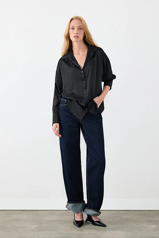 İpeksi Saten Rahat Kesim Gömlek - Siyah - Gusto