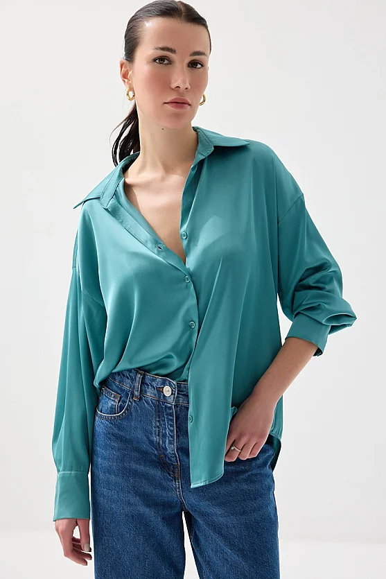 İpeksi Saten Rahat Kesim Gömlek - Yeşil - 3