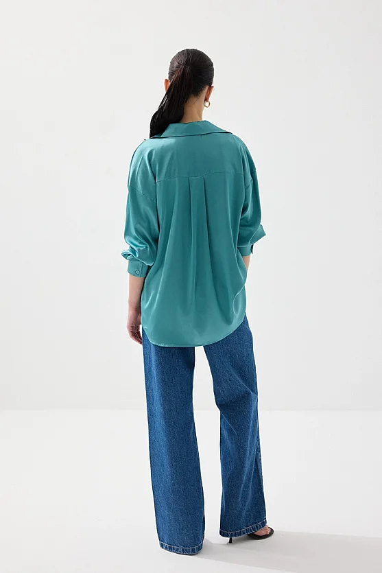 İpeksi Saten Rahat Kesim Gömlek - Yeşil - 6