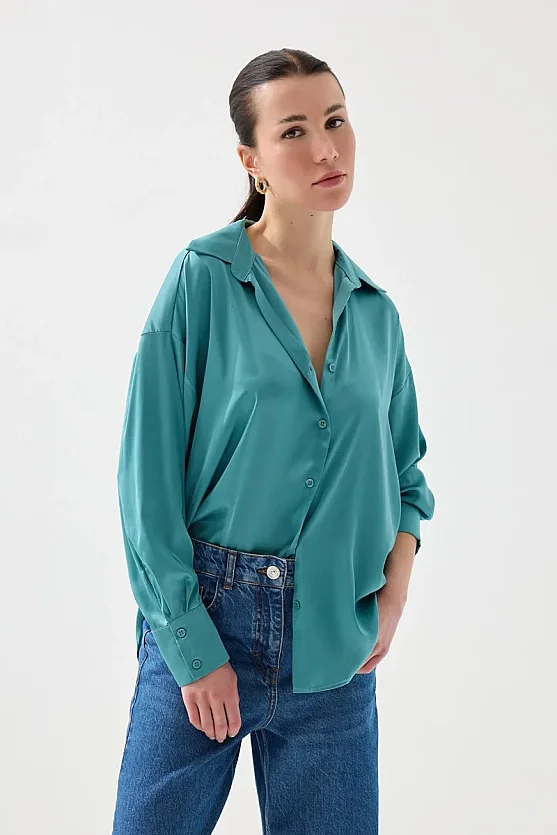 İpeksi Saten Rahat Kesim Gömlek - Yeşil - Gusto