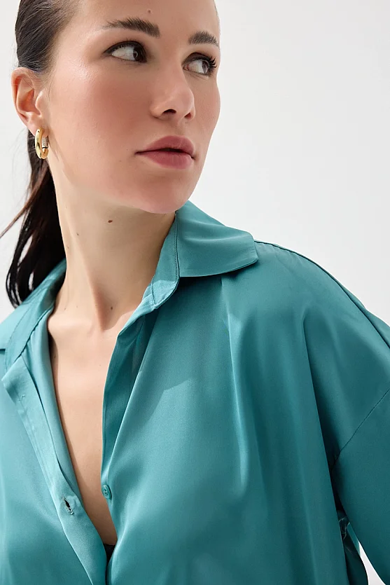 İpeksi Saten Rahat Kesim Gömlek - Yeşil - Gusto