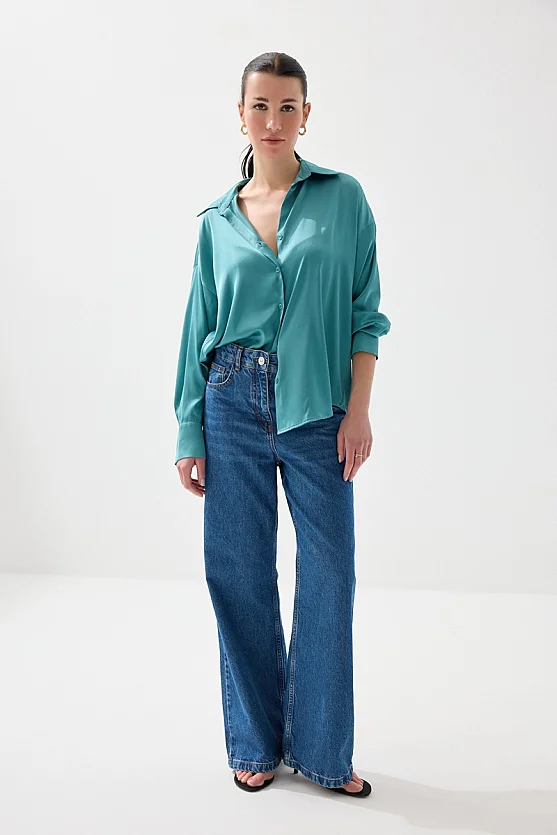 İpeksi Saten Rahat Kesim Gömlek - Yeşil - Gusto