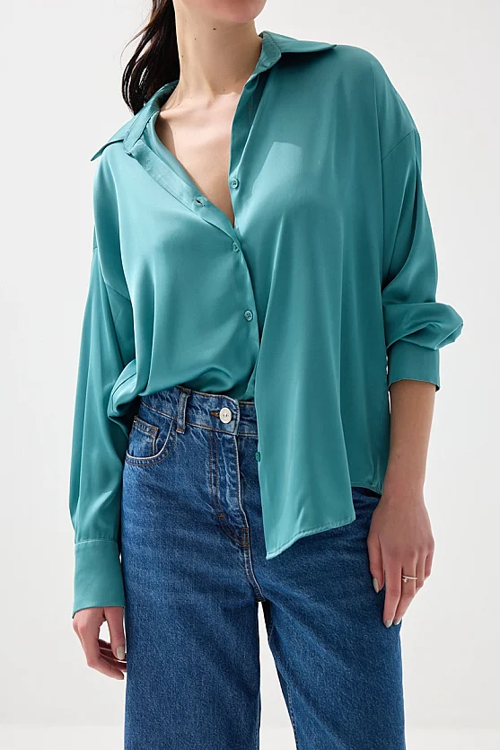 İpeksi Saten Rahat Kesim Gömlek - Yeşil - Gusto