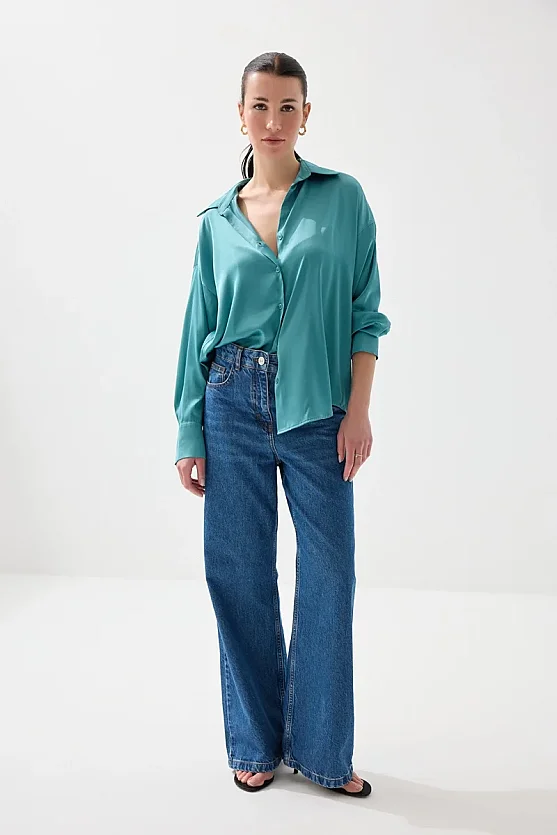İpeksi Saten Rahat Kesim Gömlek - Yeşil - Gusto
