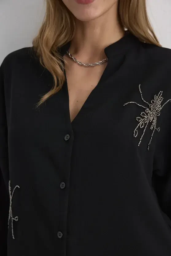 İşlemeli Krep Tunik - Siyah - 2