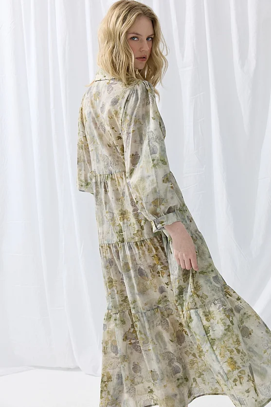 İz Koleksiyon Eco Print Rahat Kesim Uzun Elbise - Yeşil - 5