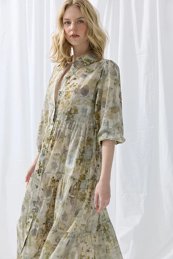 İz Koleksiyon Eco Print Rahat Kesim Uzun Elbise - Yeşil - 3