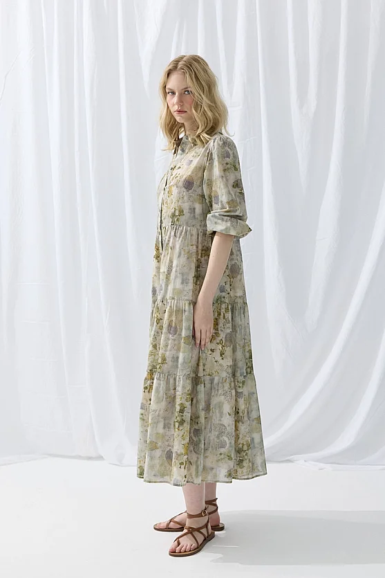 İz Koleksiyon Eco Print Rahat Kesim Uzun Elbise - Yeşil - 4