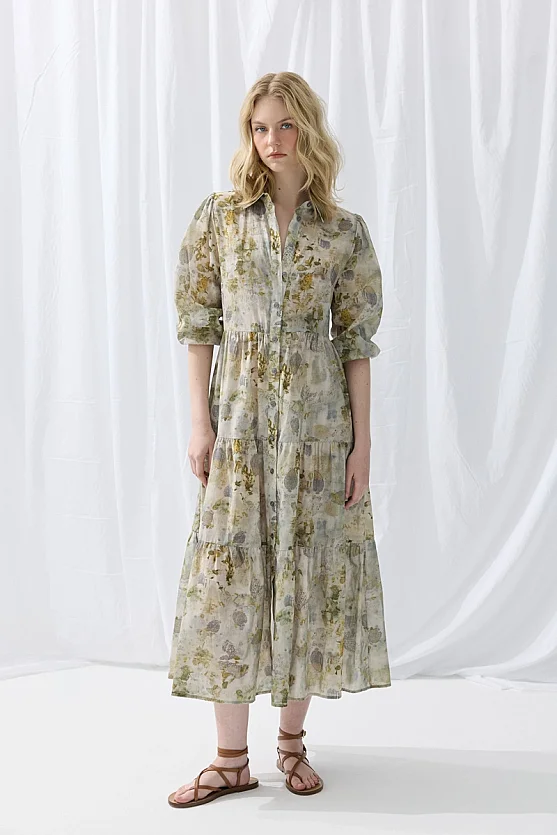 İz Koleksiyon Eco Print Rahat Kesim Uzun Elbise - Yeşil - Gusto