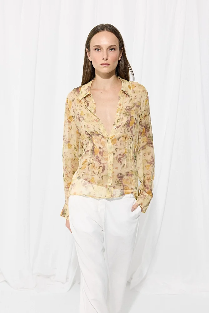 İz Koleksiyon Eco Print Rayon Şifon Gömlek - Bej Bej