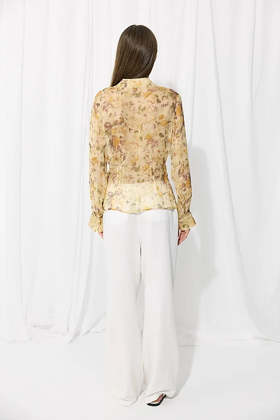 İz Koleksiyon Eco Print Rayon Şifon Gömlek - Bej - 9
