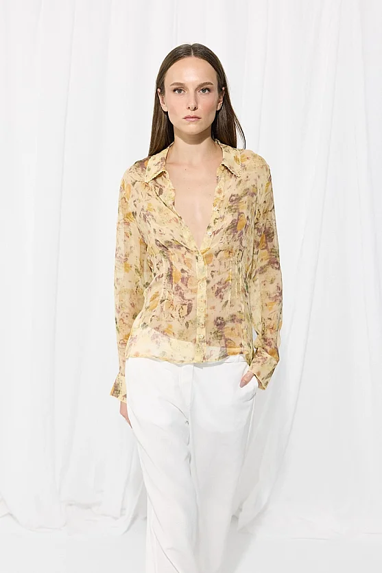 İz Koleksiyon Eco Print Rayon Şifon Gömlek - Bej - Gusto