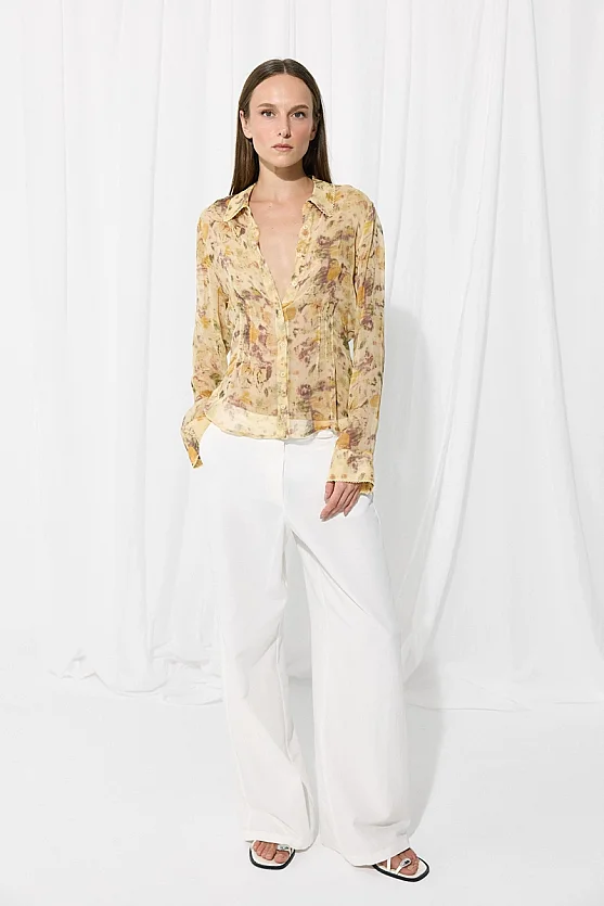 İz Koleksiyon Eco Print Rayon Şifon Gömlek - Bej - Gusto