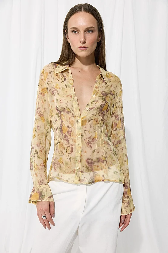 İz Koleksiyon Eco Print Rayon Şifon Gömlek - Bej - Gusto