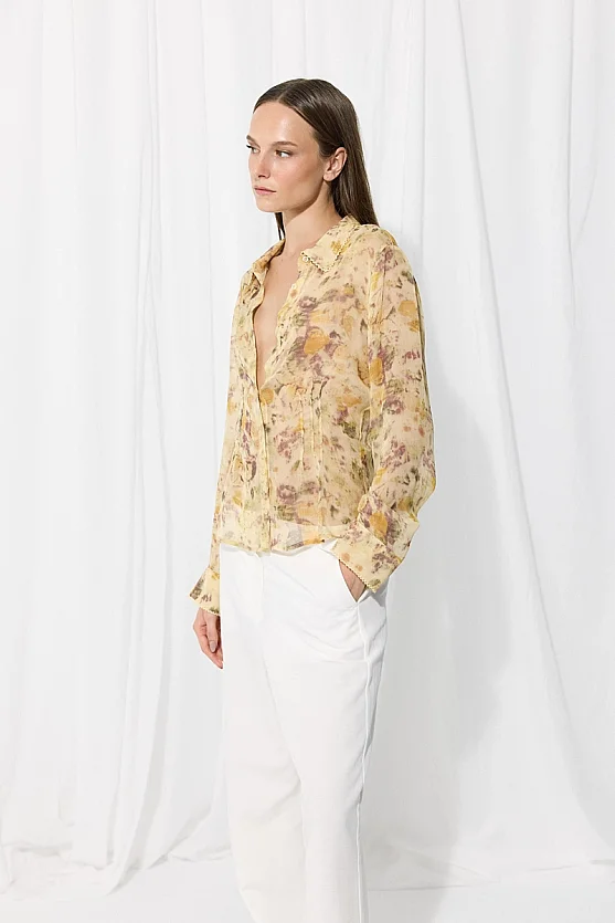 İz Koleksiyon Eco Print Rayon Şifon Gömlek - Bej - Gusto