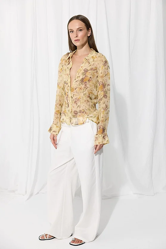 İz Koleksiyon Eco Print Rayon Şifon Gömlek - Bej - Gusto