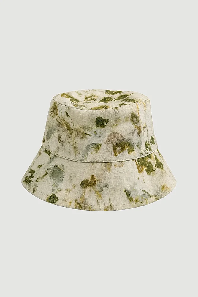 İz Koleksiyonu Eco Print Keten Şapka - Yeşil Yeşil