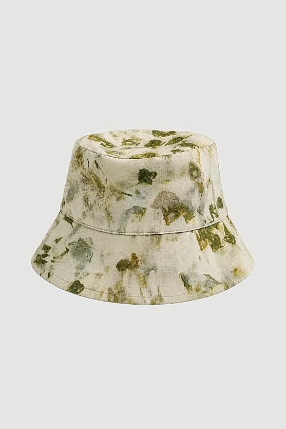 İz Koleksiyonu Eco Print Keten Şapka - Yeşil - Gusto