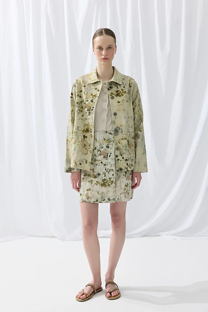 İz Koleksiyonu Eco Print Anvelop Kesim Mini Etek - Yeşil Yeşil