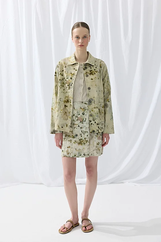 İz Koleksiyonu Eco Print Anvelop Kesim Mini Etek - Yeşil - 1