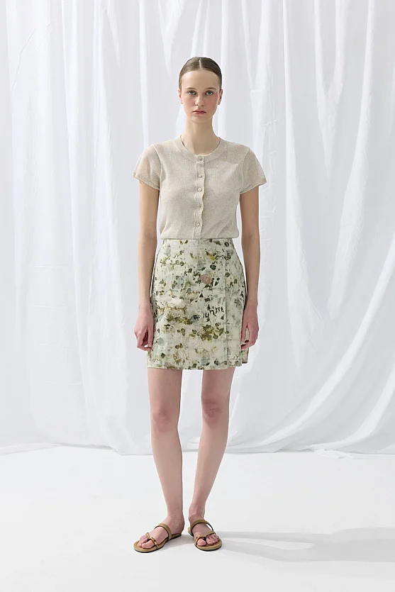 İz Koleksiyonu Eco Print Anvelop Kesim Mini Etek - Yeşil - 3