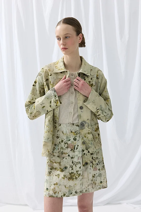 İz Koleksiyonu Eco Print Anvelop Kesim Mini Etek - Yeşil - 5