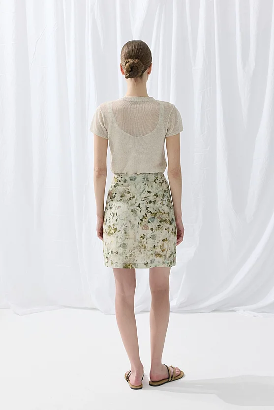 İz Koleksiyonu Eco Print Anvelop Kesim Mini Etek - Yeşil - 6