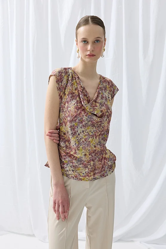 İz Koleksiyonu Eco Print Degaje Yaka Bluz - Mor - 1