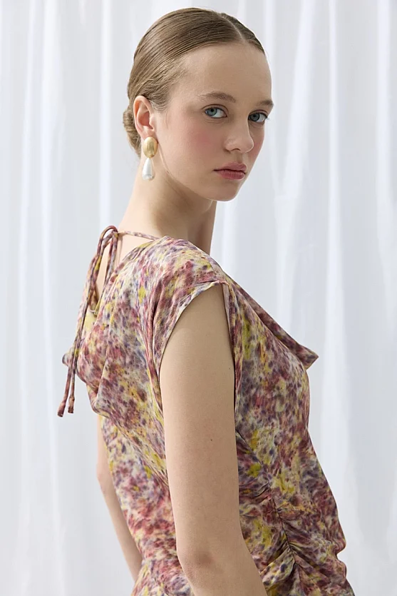 İz Koleksiyonu Eco Print Degaje Yaka Bluz - Mor - Gusto