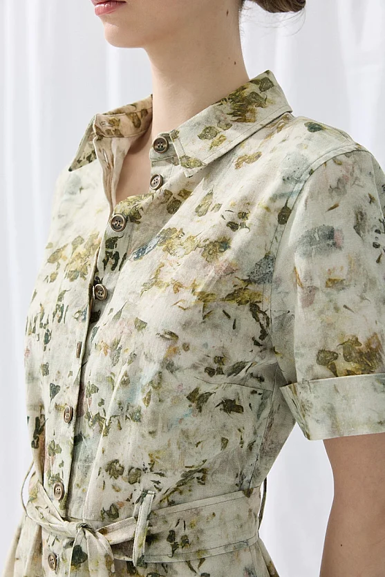 İz Koleksiyonu Eco Print Keten Midi Gömlek Elbise - Yeşil - Gusto