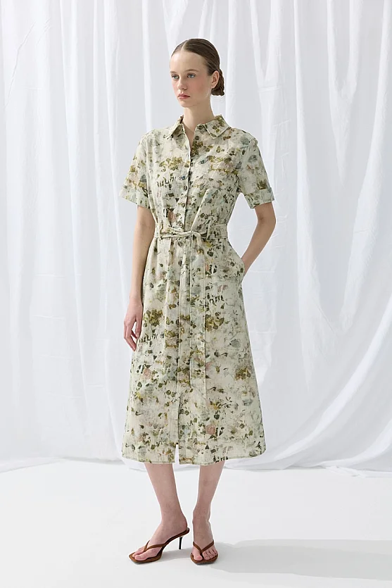 İz Koleksiyonu Eco Print Keten Midi Gömlek Elbise - Yeşil - Gusto