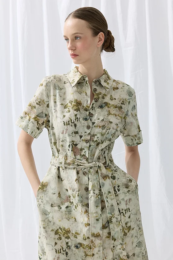 İz Koleksiyonu Eco Print Keten Midi Gömlek Elbise - Yeşil - 3