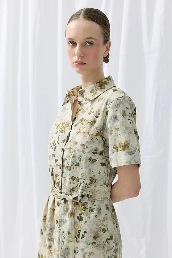 İz Koleksiyonu Eco Print Keten Midi Gömlek Elbise - Yeşil - Gusto
