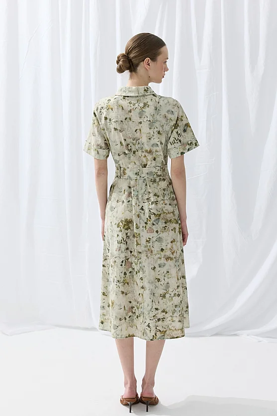 İz Koleksiyonu Eco Print Keten Midi Gömlek Elbise - Yeşil - Gusto