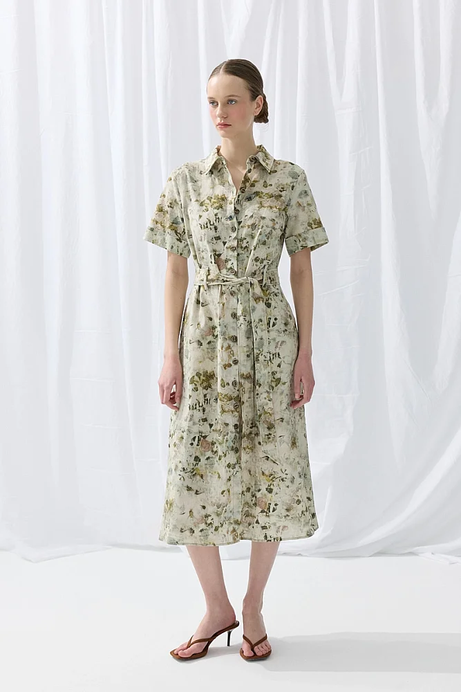 İz Koleksiyonu Eco Print Kısa Kollu Midi Gömlek Elbise - Yeşil Yeşil