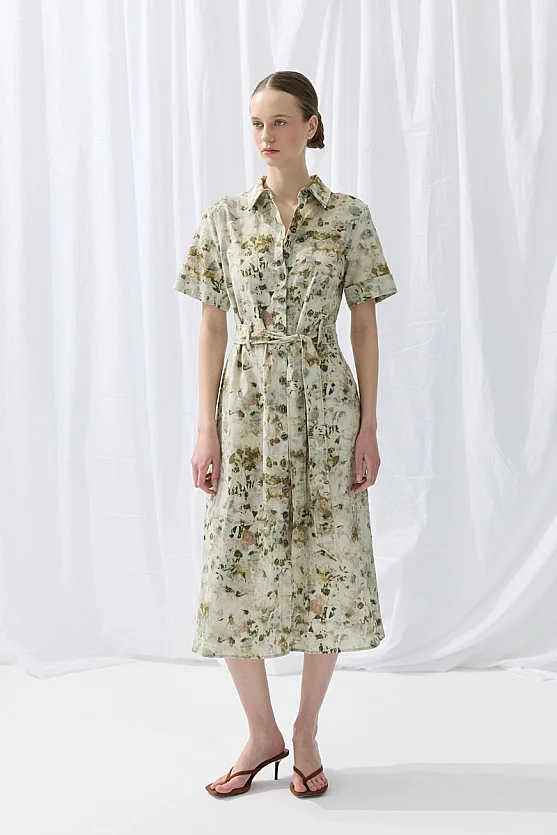 İz Koleksiyonu Eco Print Kısa Kollu Midi Gömlek Elbise - Yeşil - Gusto