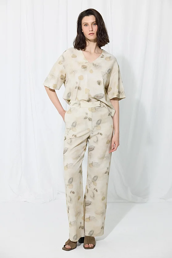 İz Koleksiyonu Eco Print Koton Keten Pantolon - Taş - Gusto