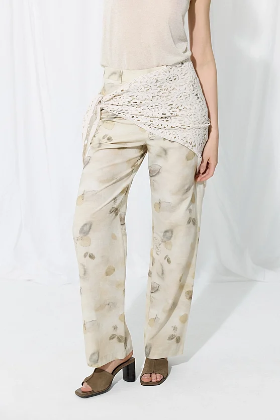 İz Koleksiyonu Eco Print Koton Keten Pantolon - Taş - Gusto