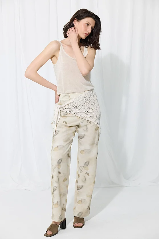 İz Koleksiyonu Eco Print Koton Keten Pantolon - Taş - 3