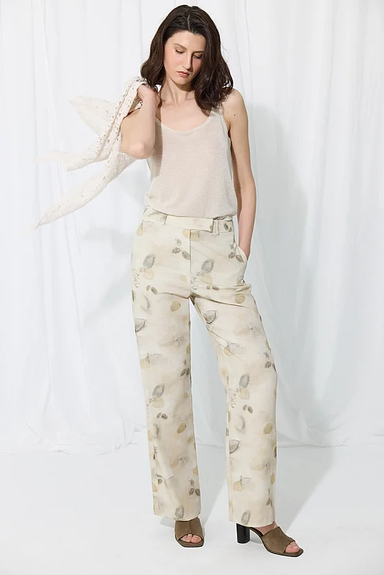 İz Koleksiyonu Eco Print Koton Keten Pantolon - Taş - Gusto